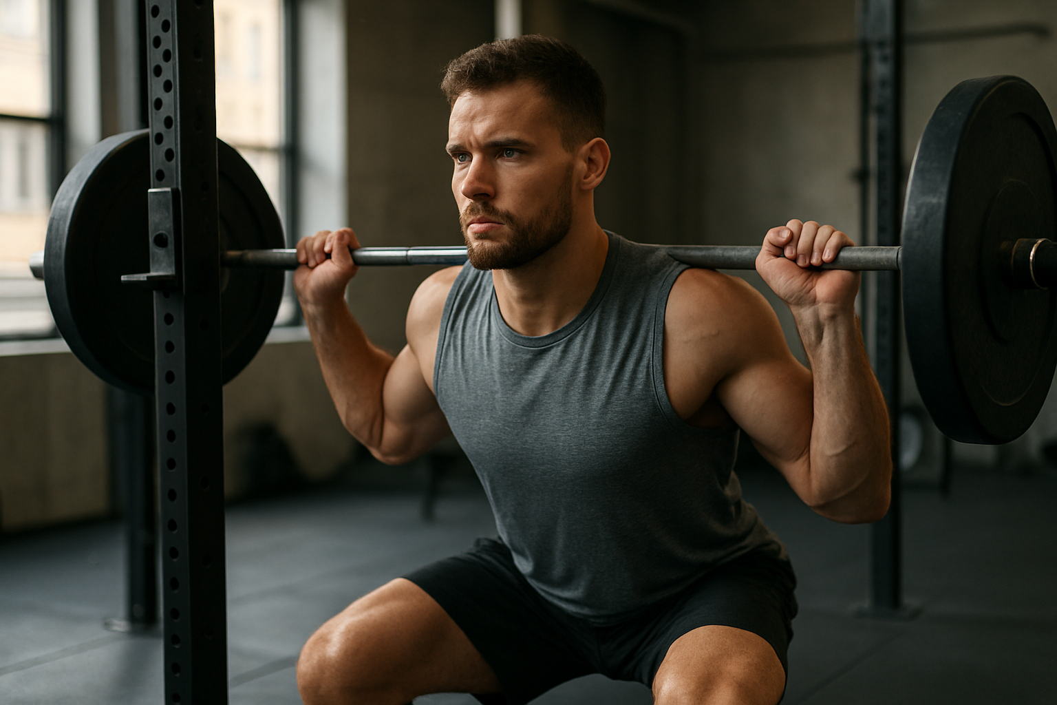 A determined person performing a barbell squat in a gym, with a workout