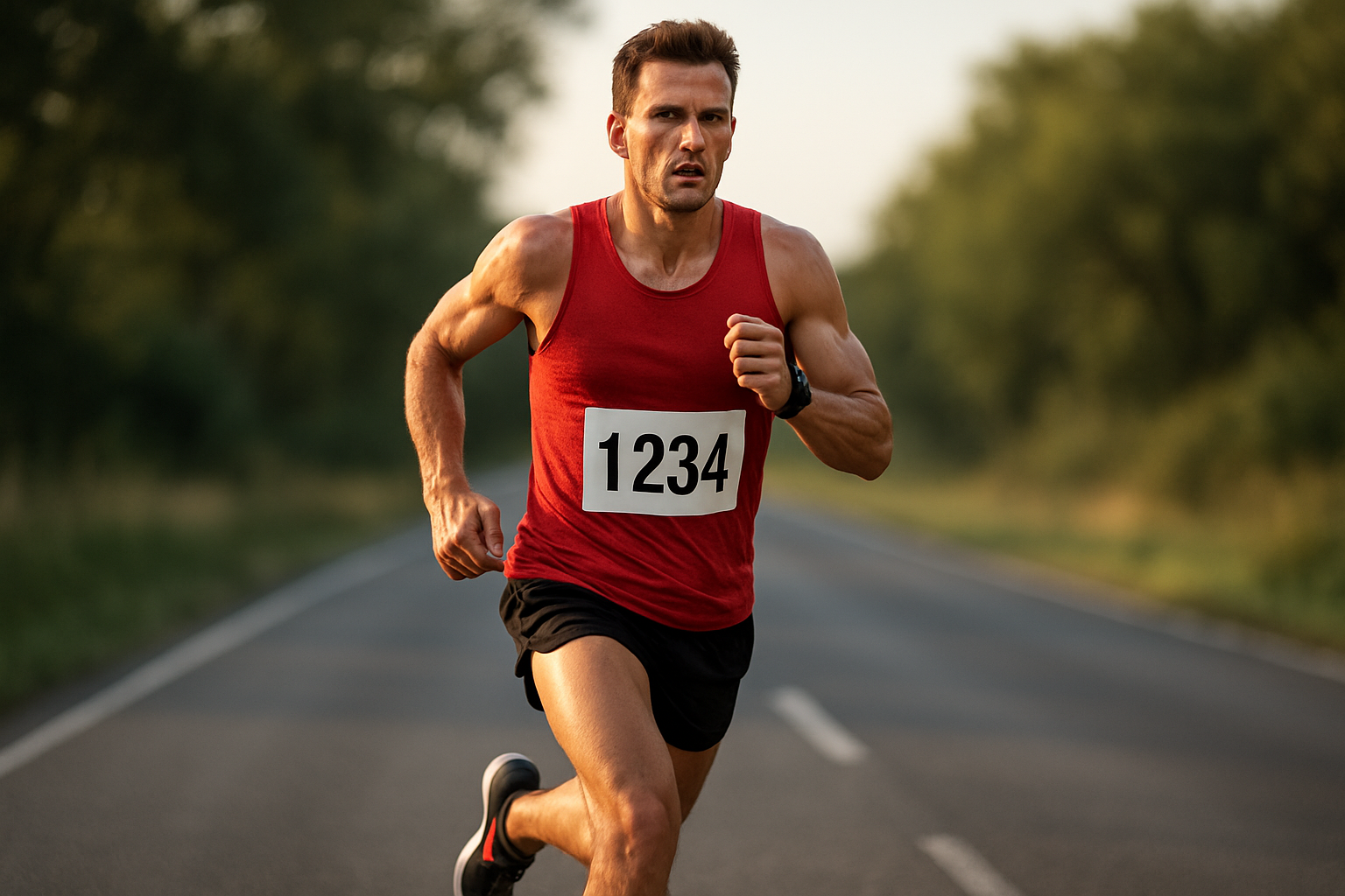A focused long-distance runner on a trail, checking a smartwatch while holding a water bottle, with sweat visible.